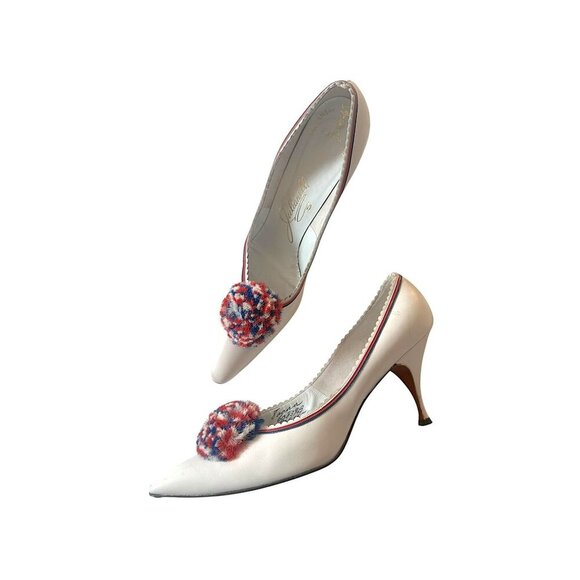 Vintage 50s/60s Julianelli's for Montaldo's White Leather Pom Pom Heels 8AAA - Picture 1 of 16